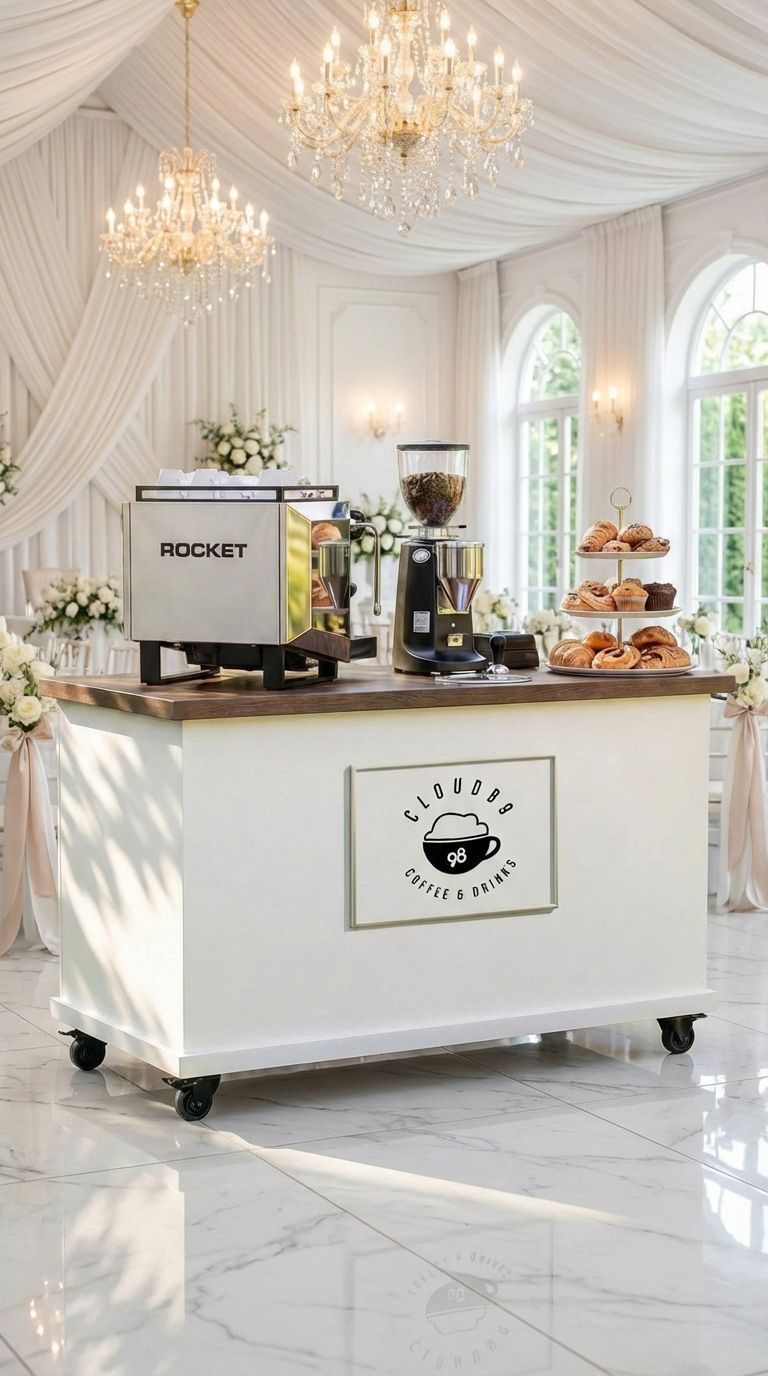 Personalizare completă bar cafea mobil – cești cu mesaj și logo